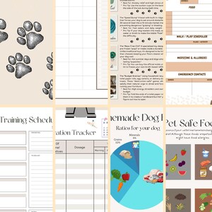 May include: A collection of printable pet planner pages. Includes a "Dog Parent Pet Planner" cover, weekly meal plan, enrichment guide, training schedule, medication tracker, homemade dog food ratios, and pet-safe food guide. The pages are beige with black text and graphics.