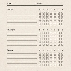 May include: A beige pet enrichment tracker with the word "Enrichment Tracker" at the top. The tracker is divided into morning, afternoon, and evening sections, with checkboxes for each day of the week.