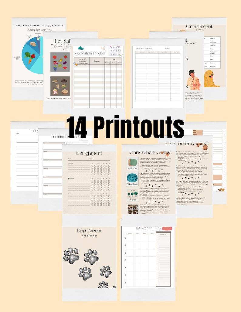 May include: A collection of 14 printouts for pet owners, including a dog food ratio chart, medication tracker, and enrichment guides. The printouts feature a neutral color palette with paw prints and the text "Dog Parent Pet Planner."
