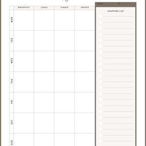 May include: A weekly meal plan template with a pink dog bowl graphic. The template includes sections for each day of the week, with spaces for breakfast, lunch, dinner, and snacks. A shopping list is on the right.
