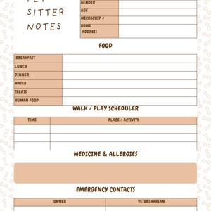 May include: A pet sitter notes sheet with sections for pet information, food, walk/play schedule, medicine, allergies, and emergency contacts. The sheet has a light brown and white color scheme, with a dog illustration at the bottom.