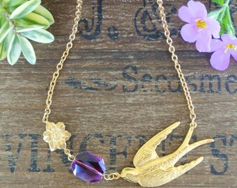 Gold Large Swallow and Swarovski Crystal Necklace