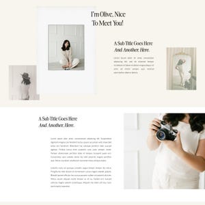 K&ouml;nnte beinhalten: Eine Website-Startseite mit hellem Hintergrund und Text, der "I'm Olive, Nice To Meet You!" und "A Sub Title Goes Here And Another, Here." lautet. Die Website zeigt Bilder einer Frau mit Hut und Pullover, einer Frau, die eine Kamera h&auml;lt, und einer Frau, die vor einem Spiegel steht.