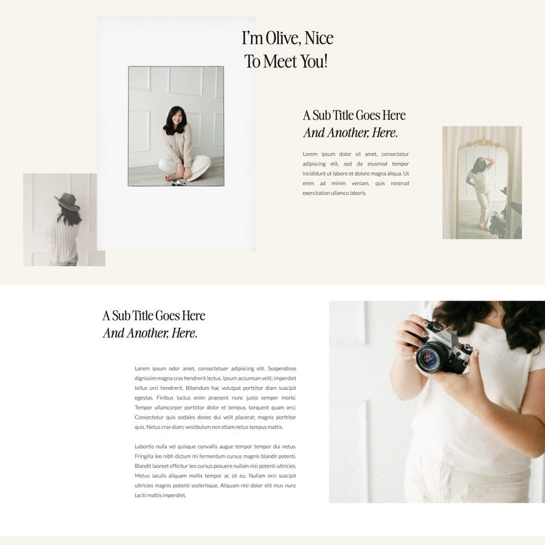 K&ouml;nnte beinhalten: Eine Website-Startseite mit hellem Hintergrund und Text, der "I'm Olive, Nice To Meet You!" und "A Sub Title Goes Here And Another, Here." lautet. Die Website zeigt Bilder einer Frau mit Hut und Pullover, einer Frau, die eine Kamera h&auml;lt, und einer Frau, die vor einem Spiegel steht.