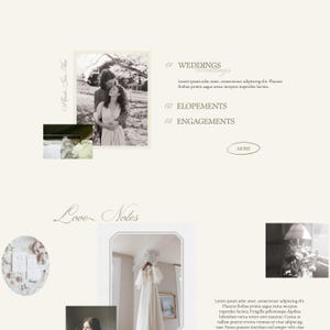 May include: A website homepage for a wedding photography business. The website features a black and white photo of a couple in a field, a photo of a wedding dress hanging in a room, and a photo of a bouquet of flowers. The website also includes text that says "Love Notes" and "Weddings, Elopements, Engagements".