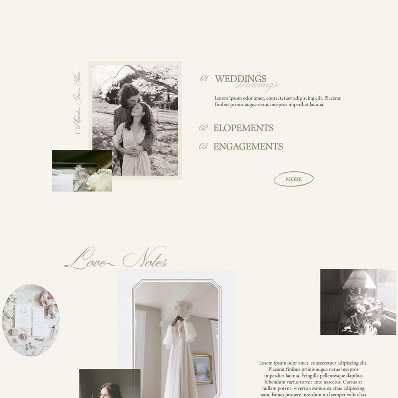 May include: A website homepage for a wedding photography business. The website features a black and white photo of a couple in a field, a photo of a wedding dress hanging in a room, and a photo of a bouquet of flowers. The website also includes text that says "Love Notes" and "Weddings, Elopements, Engagements".