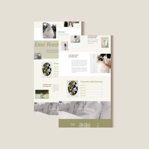 K&ouml;nnte beinhalten: Eine Website f&uuml;r The Olive Studios, ein Fotogesch&auml;ft. Die Website hat ein hellgr&uuml;nes und wei&szlig;es Farbschema mit Bildern von Br&auml;uten und Blumen. Die Website enth&auml;lt einen Bereich f&uuml;r h&auml;ufig gestellte Fragen und einen Bereich f&uuml;r freundliche Worte von ehemaligen Kunden.