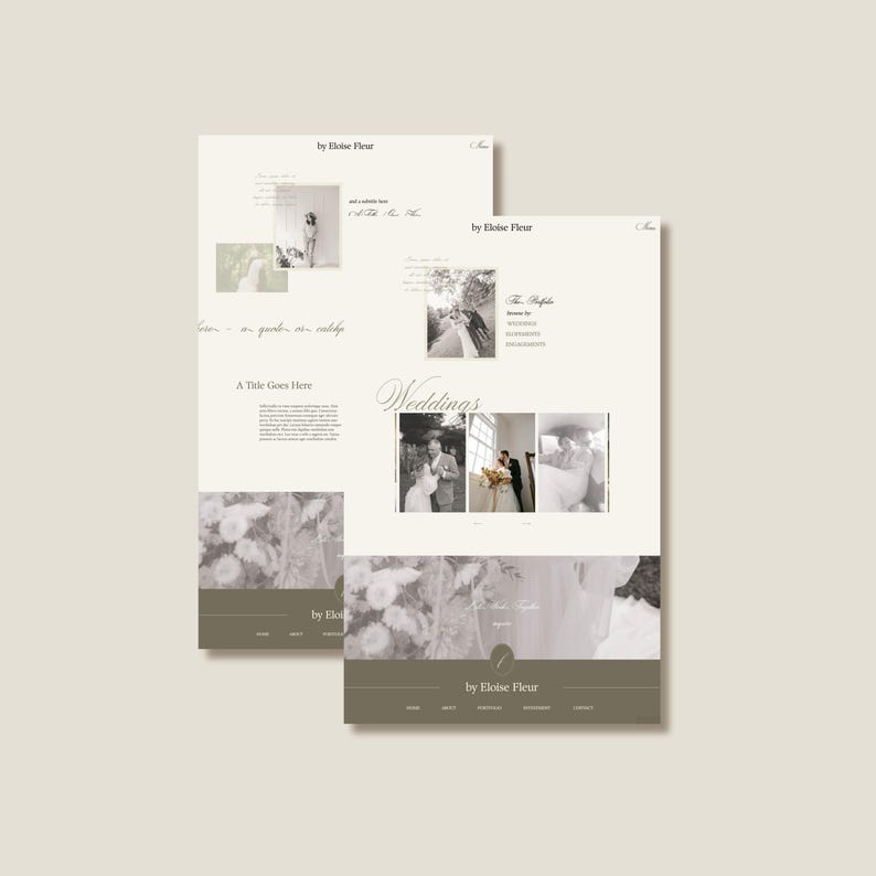 May include: A website for a wedding photographer, Eloise Fleur, featuring black and white photos of couples on their wedding day. The website has a simple design with a light gray background and a brown header.