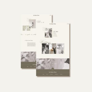 May include: A website for a wedding photographer, Eloise Fleur, featuring black and white photos of couples in various wedding settings. The website includes the text "Weddings" and "The Highlights" with a list of services offered.