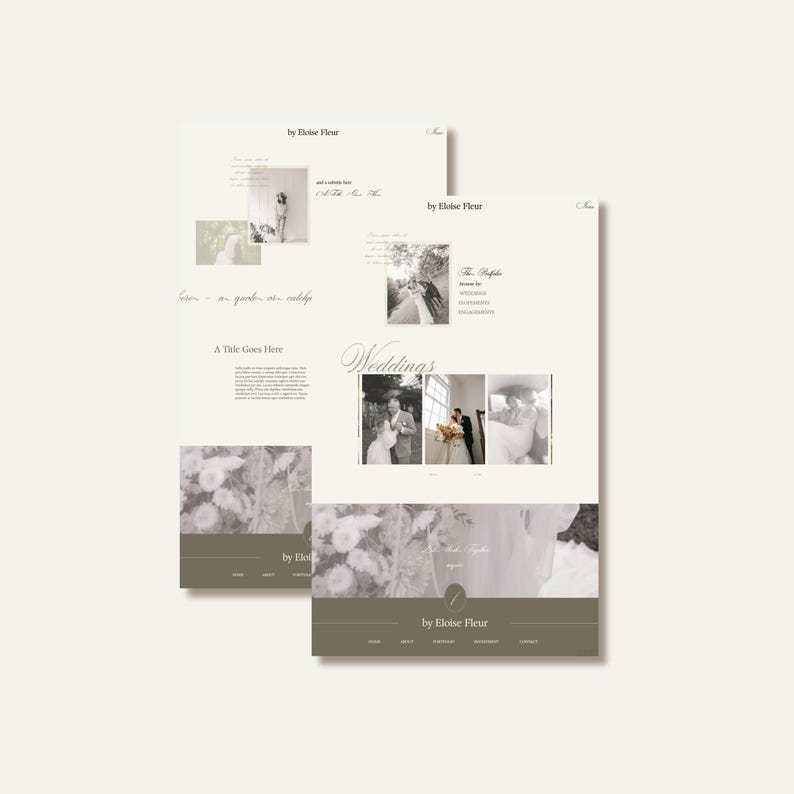 May include: A website for a wedding photographer, Eloise Fleur, featuring black and white photos of couples in various wedding settings. The website includes the text "Weddings" and "The Highlights" with a list of services offered.
