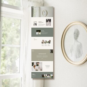 Pode incluir: Captura de tela de um site que mostra um portfólio de fotografia com um esquema de cores verde e branco. O site apresenta imagens de um casal, uma noiva e uma cerimônia de casamento. O site também inclui texto sobre os serviços do fotógrafo e as informações de contato.