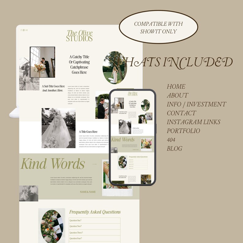K&ouml;nnte beinhalten: Ein Website-Mockup f&uuml;r ein Fotogesch&auml;ft namens The Olive Studios. Die Website hat einen hellbeigen Hintergrund mit schwarzem Text und Bildern von Paaren. Die Website enth&auml;lt Abschnitte f&uuml;r Startseite, &Uuml;ber uns, Info/Investition, Kontakt, Instagram-Links, Portfolio, 404 und Blog.