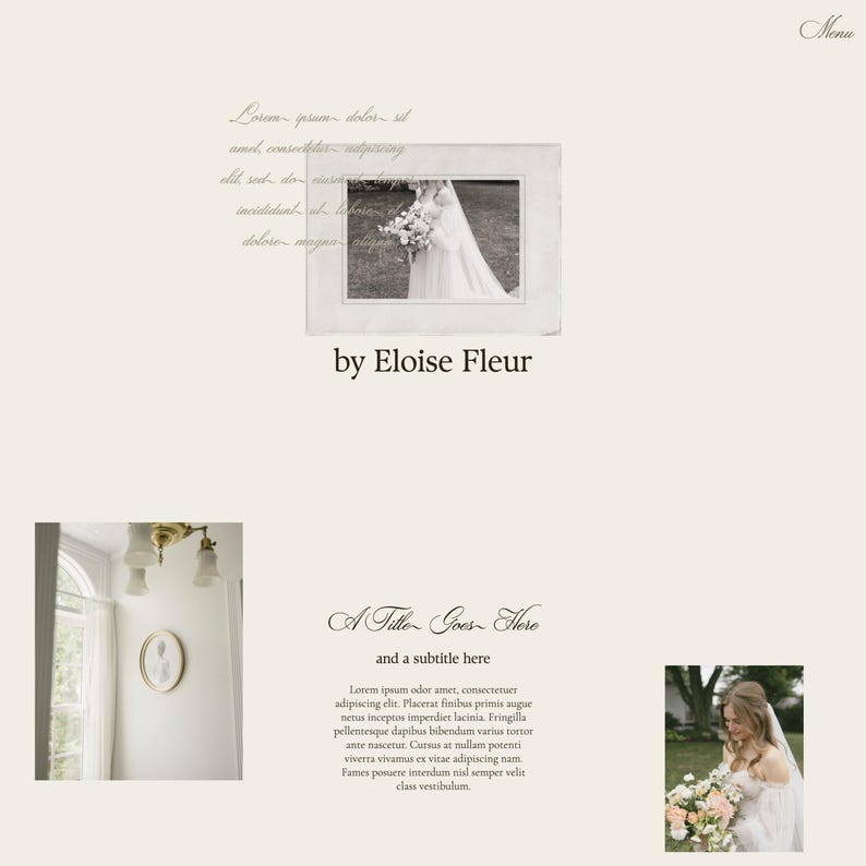 May include: A wedding invitation suite with a white background and a black and white photo of a bride in a white dress. The text "by Eloise Fleur" is written in black cursive font. The text "A Title Goes Here and a subtitle here" is written in black cursive font. The text "Lorem ipsum dolor amet, consectetuer adipiscing elit. Placerat finibus primis augur netus inceptos imperdiet lacinia. Fringilla pellentesque dapibus bibendum varius tortor ante nascetur. Cursus at nullam potenti viverra vivamus ex vitae adipiscing nam. Fames posuere interdum nial semper velit class vestibulum." is written in black font.