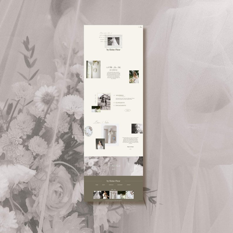 May include: Website screenshot featuring a photography portfolio for a wedding photographer. The website is titled "By Elder Pine" and features several images of brides in wedding dresses. The website also includes a section with information about the photographer's services.
