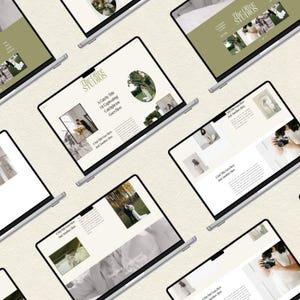 K&ouml;nnte beinhalten: Mehrere Laptop-Bildschirme, die eine Website f&uuml;r The Olive Studios, ein Fotogesch&auml;ft, anzeigen. Die Website zeigt Bilder von Paaren und Hochzeitsfotografie mit dem Text "A Catchy Title or Captivating Catchphrase Goes Here".