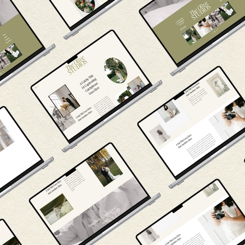 K&ouml;nnte beinhalten: Mehrere Laptop-Bildschirme, die eine Website f&uuml;r The Olive Studios, ein Fotogesch&auml;ft, anzeigen. Die Website zeigt Bilder von Paaren und Hochzeitsfotografie mit dem Text "A Catchy Title or Captivating Catchphrase Goes Here".