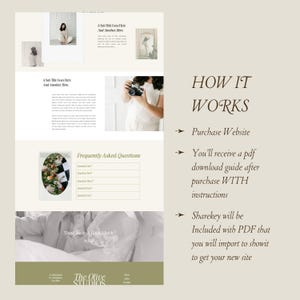 K&ouml;nnte beinhalten: Eine Website-Designvorlage f&uuml;r Fotografen mit einem hellbraunen Hintergrund, einem gr&uuml;nen Kopf- und Fu&szlig;bereich. Der Kopfbereich enth&auml;lt den Text "The Olive Studios" und der Fu&szlig;bereich den Text "Think We're A Good Match?" Die Website-Designvorlage enth&auml;lt einen Bereich f&uuml;r h&auml;ufig gestellte Fragen, einen Bereich f&uuml;r einen Untertitel und einen Bereich f&uuml;r eine Beschreibung der Funktionsweise. Der Abschnitt "So funktioniert's" enth&auml;lt den Text "Website kaufen", "Sie erhalten einen PDF-Download-Leitfaden nach dem Kauf MIT Anweisungen" und "Sharekey wird im PDF enthalten sein, das Sie in showit importieren, um Ihre neue Website zu erhalten".