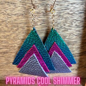 Leather Earrings - Pyramids Cool Shimmer - Teal, Hot Pink, Lavender Shiny Triangles with Gold Hardware - Lightweight