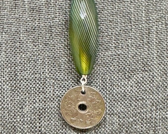 Olive green and white banded agate column pendant necklace with silver coin on sterling