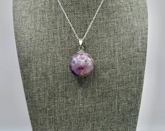 Violet purple natural amethyst sphere pendant necklace on sterling silver chain