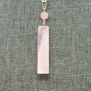 Pale pink rose quartz column pendant necklace on sterling silver