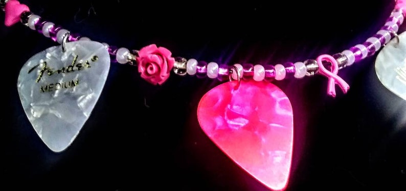 F-cancer beaded wired guitar pick necklace