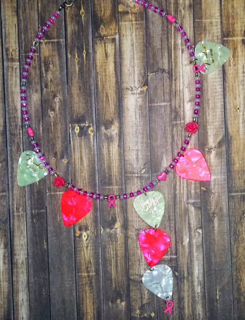 F-cancer beaded wired guitar pick necklace