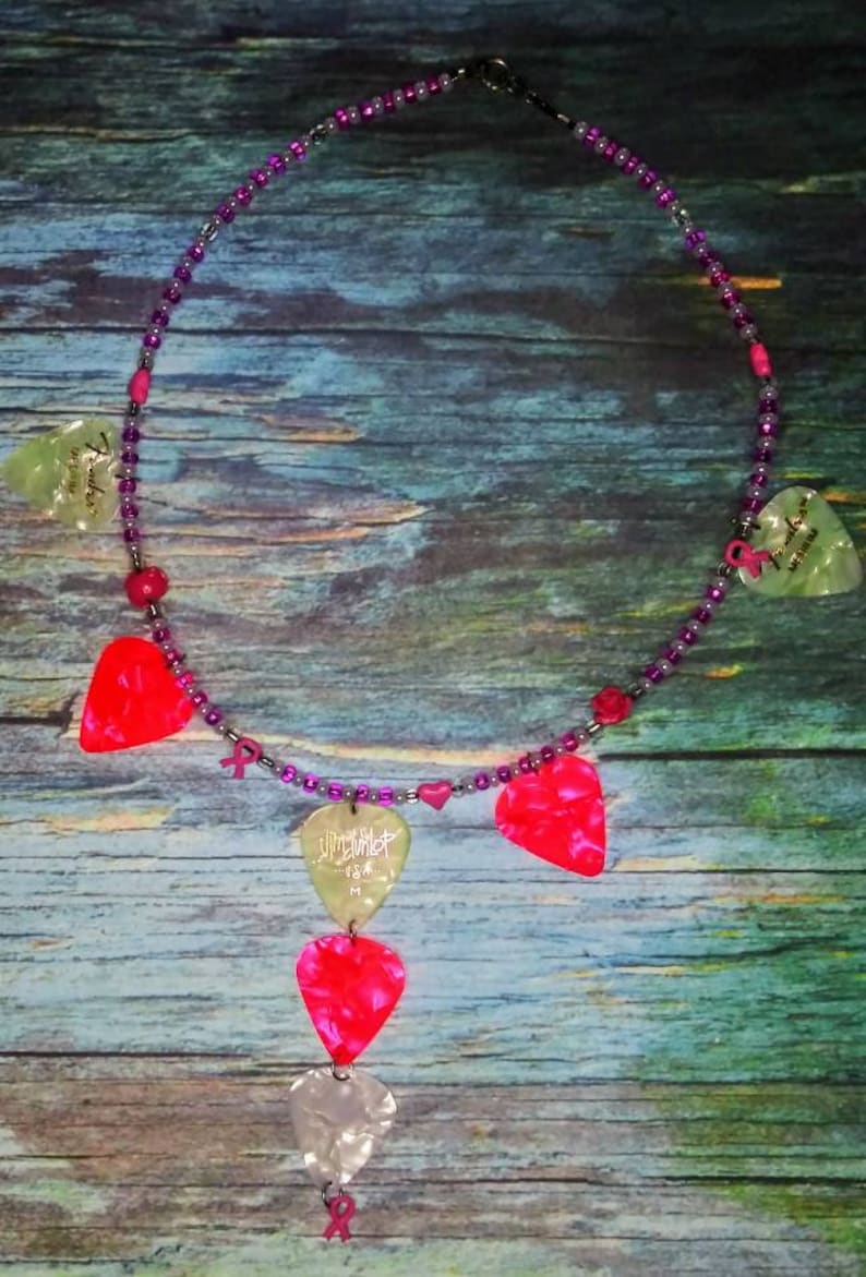 F-cancer beaded wired guitar pick necklace