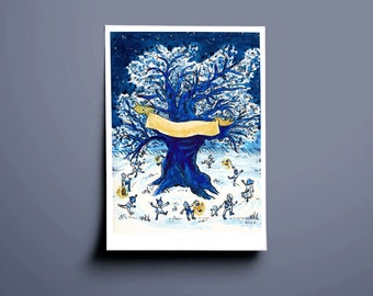 Midnight tree hand drawn illustration print/wall art Katie Waller