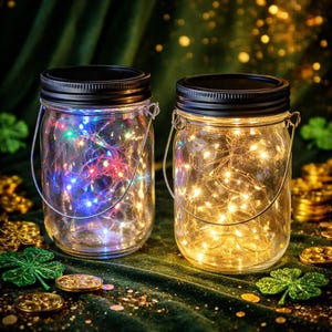 Op de afbeelding: Twee glazen potten met zwarte deksels en draadgrepen. Eén pot is gevuld met kleurrijke LED-lampjes, de andere met warmwitte lampjes. De potten staan op een groene ondergrond met klavers en gouden munten.