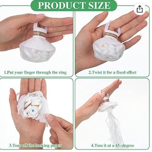 May include: A four-panel image demonstrating the use of a small, white, dress-shaped party favor. The steps include putting a finger through a ring, twisting for effect, tearing off backing paper, and tossing at a 45-degree angle. The text "PRODUCT SIZE" is at the top.