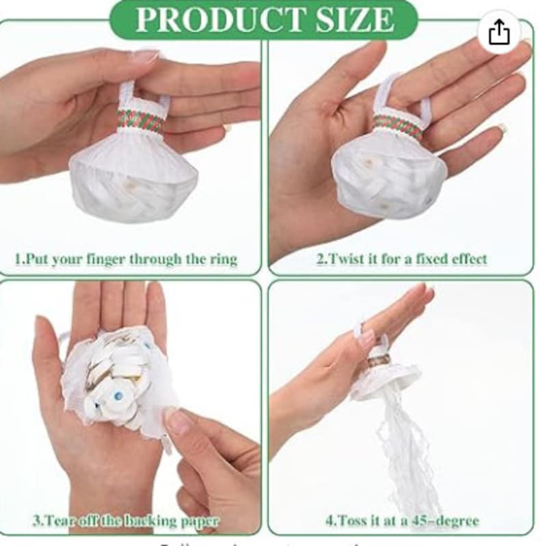May include: A four-panel image demonstrating the use of a small, white, dress-shaped party favor. The steps include putting a finger through a ring, twisting for effect, tearing off backing paper, and tossing at a 45-degree angle. The text "PRODUCT SIZE" is at the top.