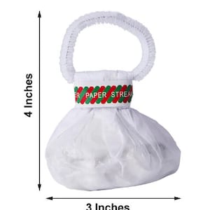 May include: White paper streamer bag with a white handle. The bag is 3 inches wide and 4 inches tall. The bag has a red and green striped band with the words "PAPER STREAM" printed on it.