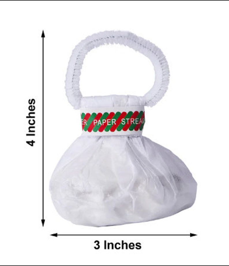 May include: White paper streamer bag with a white handle. The bag is 3 inches wide and 4 inches tall. The bag has a red and green striped band with the words "PAPER STREAM" printed on it.