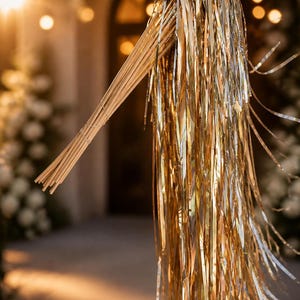 May include: A handheld party streamer wand featuring a bundle of long, thin, metallic gold and silver foil ribbons attached to a wooden stick handle. The reflective ribbons hang downward in a dense, cascading fringe, creating a shimmering effect.