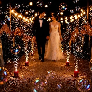 May include: A couple walks hand-in-hand down a path lined with candles and bubbles. The bride wears a white gown, and the groom is in a black tuxedo. Guests stand on either side, applauding. String lights hang overhead, creating a romantic atmosphere.