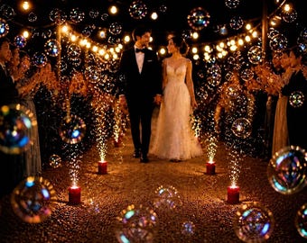May include: A couple walks hand-in-hand down a path lined with candles and bubbles. The bride wears a white gown, and the groom is in a black tuxedo. Guests stand on either side, applauding. String lights hang overhead, creating a romantic atmosphere.