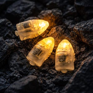 May include: Three small, clear, bullet-shaped LED lights with a warm yellow glow are scattered on a bed of dark grey rocks. Each light has a small, round base and a slightly textured surface. The lights are illuminated, creating a contrast against the dark background.