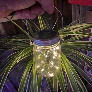 May include: A clear glass mason jar lantern with a silver lid and wire handle, filled with small, warm white LED lights. The lantern is held in front of a green and white plant.