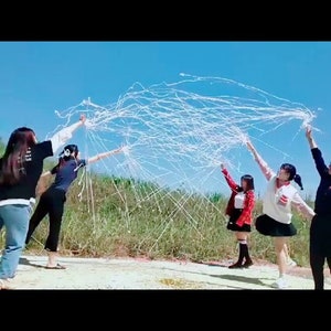 May include: Five people outdoors holding up white streamers against a bright blue sky. They are standing on a path with green grass and foliage in the background. The streamers are spread out in the air.