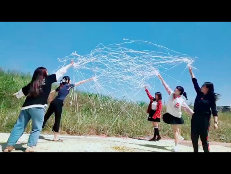 May include: Five people outdoors holding up white streamers against a bright blue sky. They are standing on a path with green grass and foliage in the background. The streamers are spread out in the air.