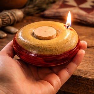 May include: A handcrafted, donut-shaped candle holder with a lit candle. The holder is a combination of yellow and red tones, with a small wooden disc in the center. The candle holder is held in a hand, showcasing its size and design.