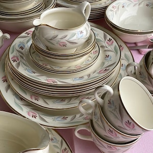 Mid-Century Modern China Set /  Service for 11 Plus Serving Pieces / Eggshell China / Pastel with Gold Rim