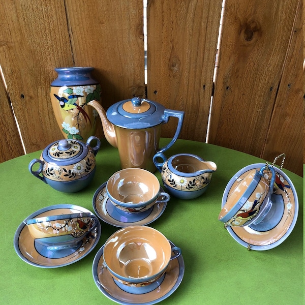 Tea Party Set Lustreware Includes Matching Wall Pocket / Tea Pot / Cups and Saucers / Japanese Lavender and Peach Vintage 1940's