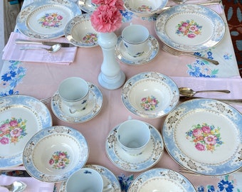 Tea Party Set Vintage Royal Splendor Fine China 4 Piece Settings for 5 Includes Tea Cup and Saucer Blue China Floral China Set