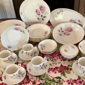 Vintage Fine China Set &quot;Bohemian&quot; China Setting For 8 People From Bohemia Czechoslovakia Hand Painted Pink Roses