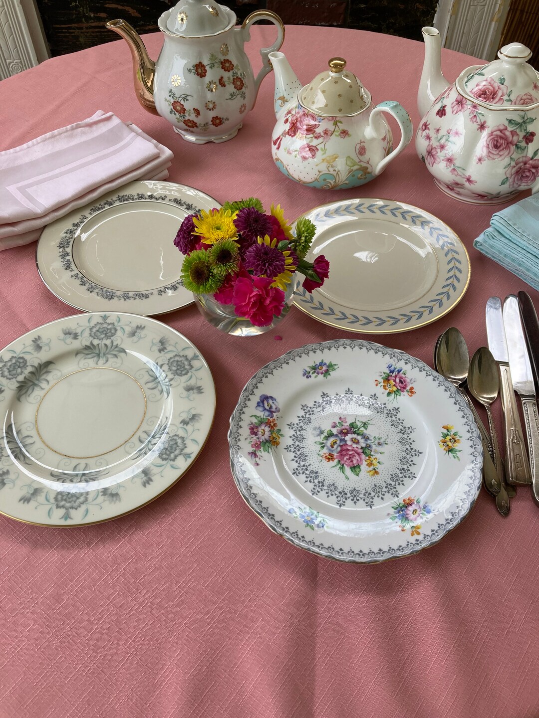 Vintage Mismatched Fine China Sandwich Plates, Set of 4, Big 8 3/4 Tea