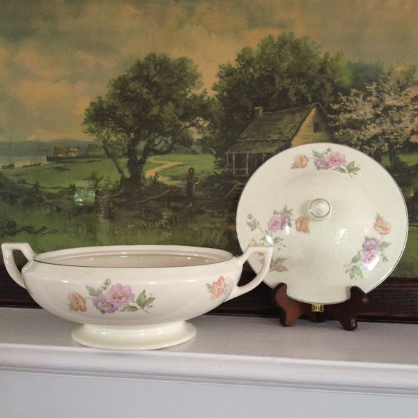 Covered Bowl Fine Eggshell China 1940's Urn Style Rose/  Floral / 2 Handle  / Silver Trim Cover / Serving Shabby Chic Bowl