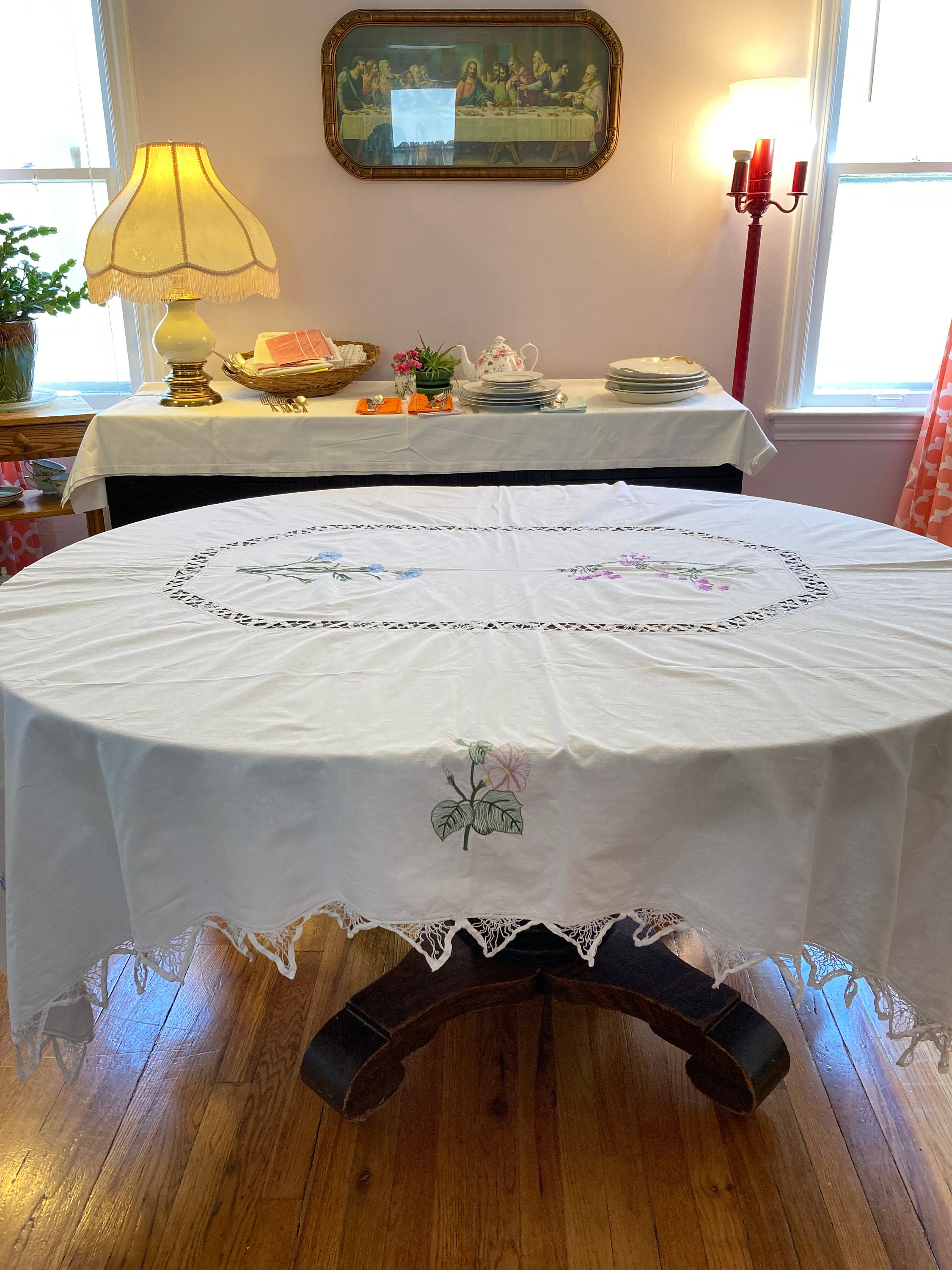 Tablecloth Holiday Ivory Embroidered Tablecloth Vintage Rectangle Tea Party Bridal Gift