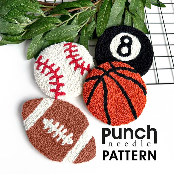 Sport Balls punch needle PATTERN 4 in 1 . Easy Baseball Basketball Football Billiards cup coasters . Gift for sports lover